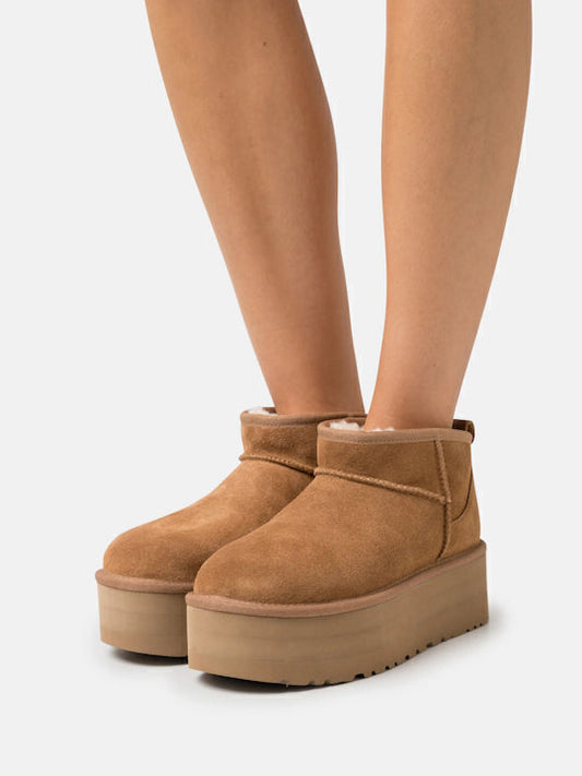 Classic Ultra Mini Platform Suede Γυναικεία Μποτάκια με Γούνα Chestnut