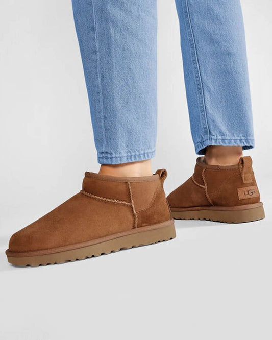 Classic Ultra Mini Suede Γυναικεία Μποτάκια με Γούνα Chestnut