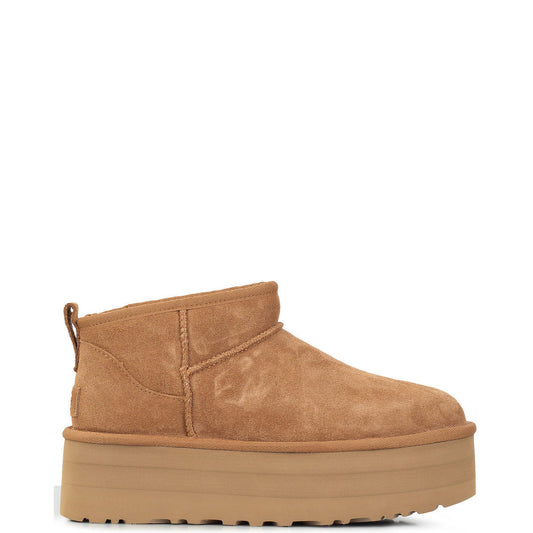 Classic Ultra Mini Platform Suede Γυναικεία Μποτάκια με Γούνα Chestnut
