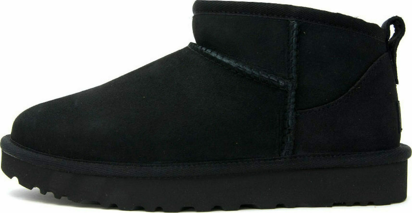 Classic Ultra Mini Suede Γυναικεία Μποτάκια με Γούνα Μαύρα