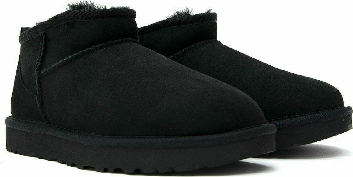 Classic Ultra Mini Suede Γυναικεία Μποτάκια με Γούνα Μαύρα