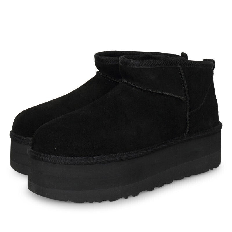Classic Ultra Mini Platform Suede Γυναικεία Μποτάκια με Γούνα Μαύρα