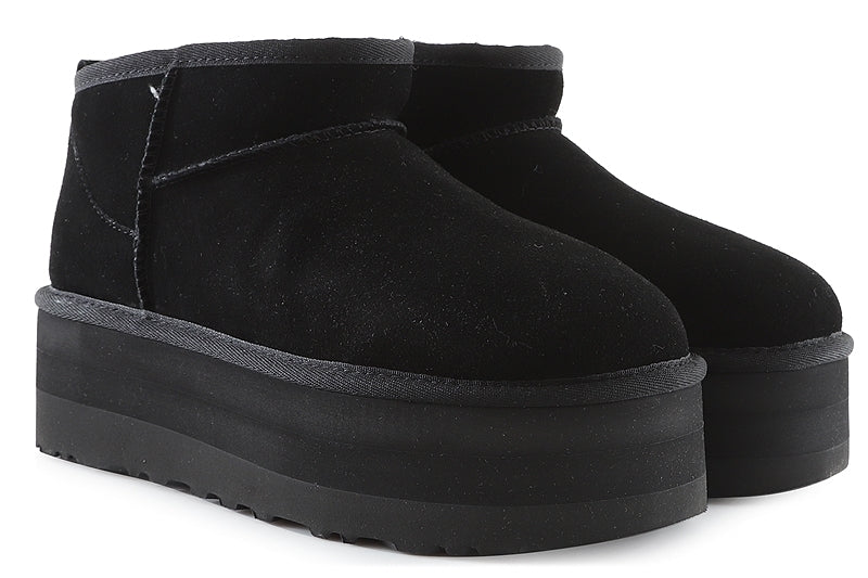 Classic Ultra Mini Platform Suede Γυναικεία Μποτάκια με Γούνα Μαύρα