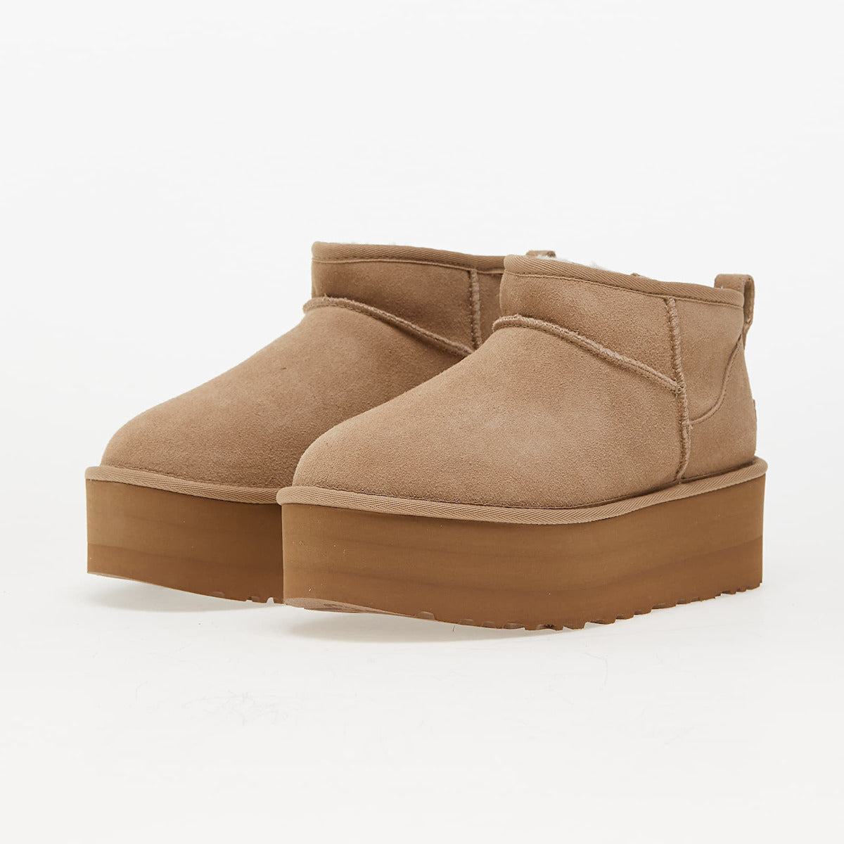 Classic Ultra Mini Platform Δερμάτινα Γυναικεία Μποτάκια με Γούνα Sand