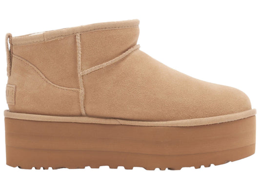 Classic Ultra Mini Platform Δερμάτινα Γυναικεία Μποτάκια με Γούνα Sand