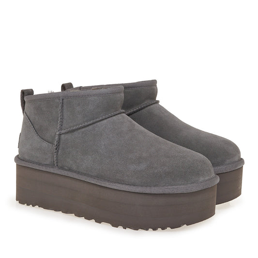 Classic Ultra Mini Platform Δερμάτινα Γυναικεία Μποτάκια Γκρι